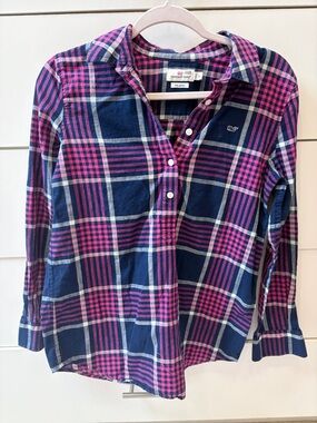 Vineyard Vines Navy, Pink and White Plaid Relaxed Button-Up